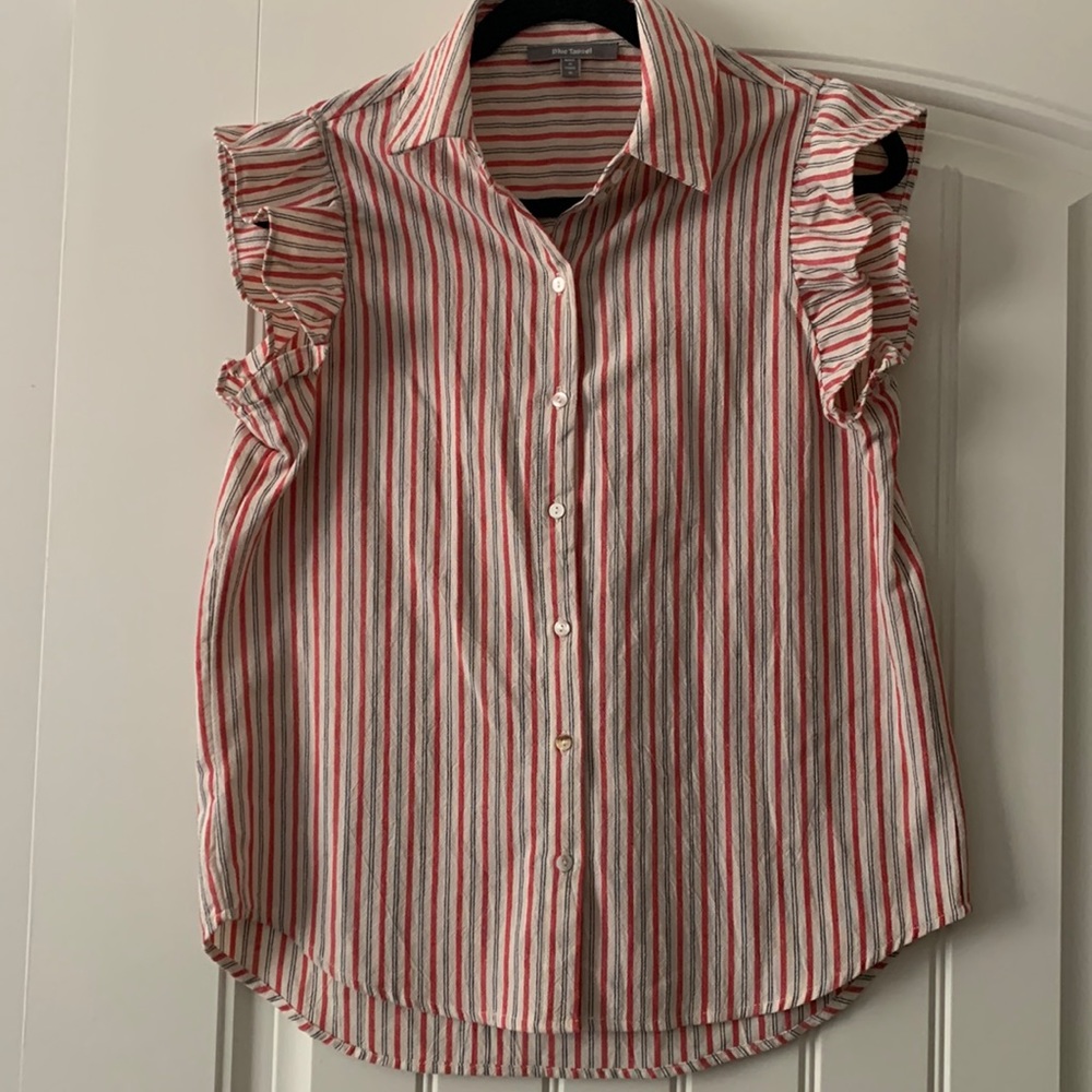 Blue Tassel Striped Button Up Top with Ruffled Sleeves - Size S